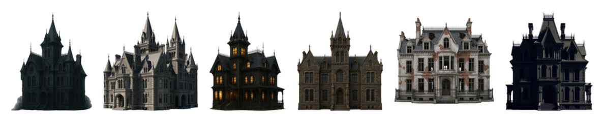 Gothic mansions set including Victorian, haunted, dilapidated, and historic architecture isolated. Design elements for fantasy and horror.