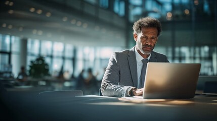 Focused on tasks mature African American businessman in grey suit is working on a laptop in a contemporary co-working space. Serious senior man investor working on computer in a modern office.