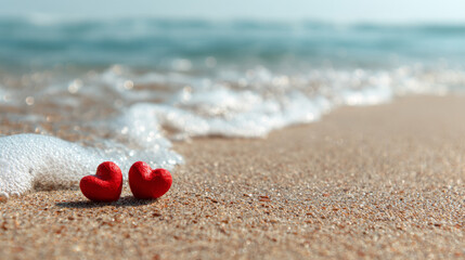 Two red hearts on sandy beach with ocean waves in background
