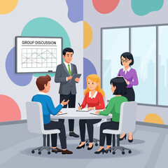 People in a meeting room discussing a presentation on a whiteboard.