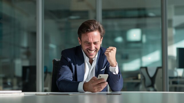 Happy businessman with active facial expression in a formal suit is looking at his phone and celebrates a successful deal by raising his fist in the air, sitting at a desk in an office setting. 