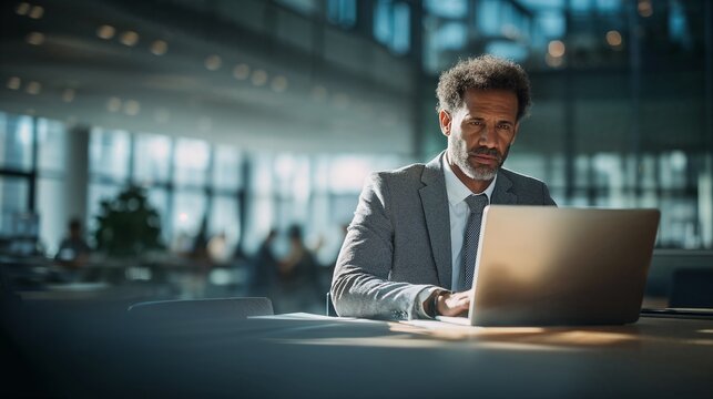 Focused on tasks mature African American businessman in grey suit is working on a laptop in a contemporary co-working space. Serious senior man investor working on computer in a modern office.