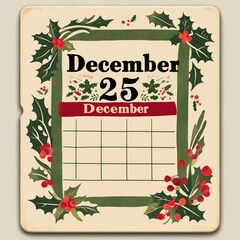 A simple vintage illustration of Christmas day calendar page that says "December 25", decorated festively