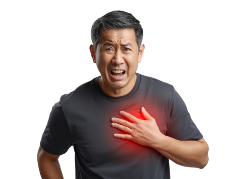 Isolated transparent background presenting an asian man experiencing acute chest pain with an
