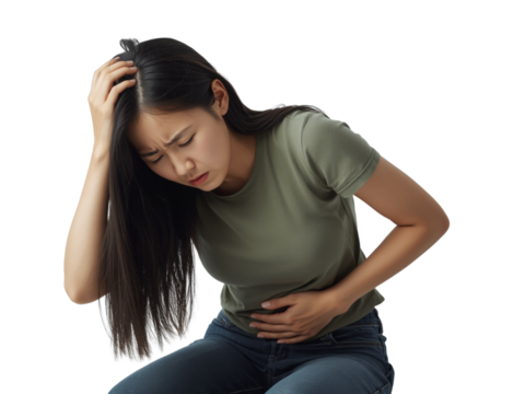 Distressed young woman clutching her stomach and temple experiencing pain isolated