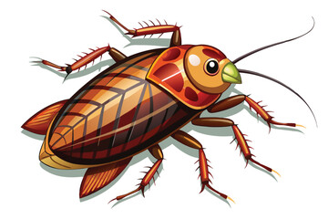 Detailed Illustration of a Brown and Orange Cockroach with Spiked Legs and Long Antennae Crawling on a White Surface