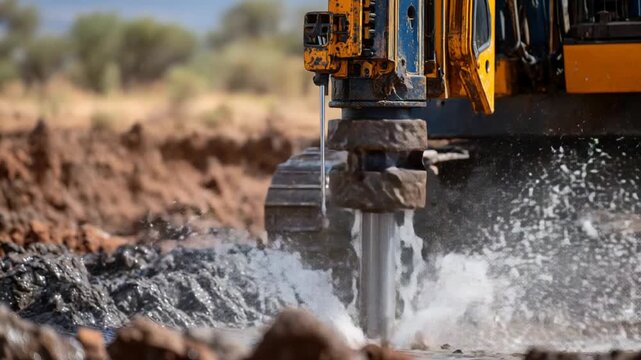 A heavy machinery rig drills an artesian well at midday, displacing muddy soil and water, with visible excavation signs on the surrounding land.