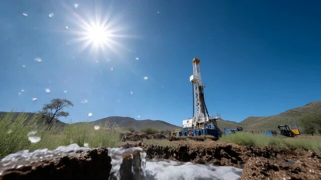 A wide-angle view captures a drilling rig in an open field, showcasing an artesian well producing clear groundwater amidst soil and mud, under bright sunlight and a clear blue sky.