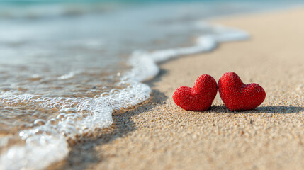 Two red hearts on sandy beach with ocean waves in background