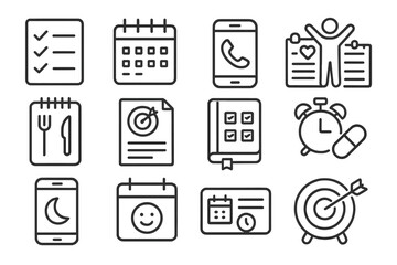 Routine Icons Collection. Line style icons of meaningful routine: to-do checklist, daily planner, scheduled call, exercise log;