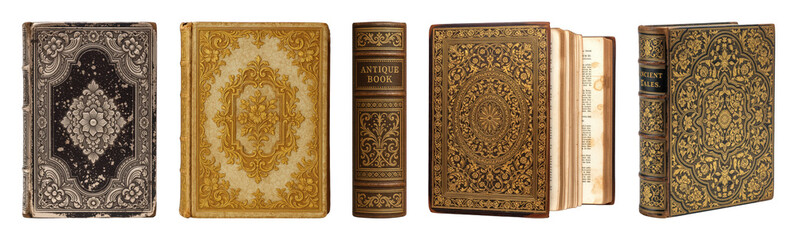 Antique book set including ornate covers, distressed spines, and aged pages isolated. Historical and decorative collection.