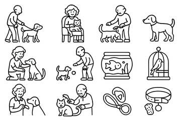 Icons_ Seniors and Pets. Line style icons of aging with pets: senior walking dog, cat on lap, feeding bowl, pet grooming; petting