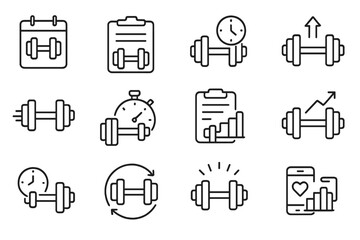 Dumbbell Challenge Icons. Line style icons of dumbbell-related challenges: 30-day dumbbell challenge, 100-rep dumbbell challenge,