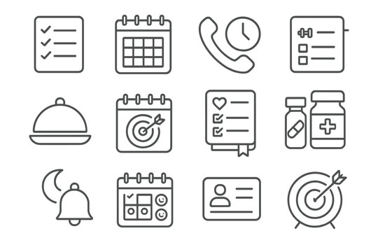 Routine Icons Collection. Line style icons of meaningful routine: to-do checklist, daily planner, scheduled call, exercise log;