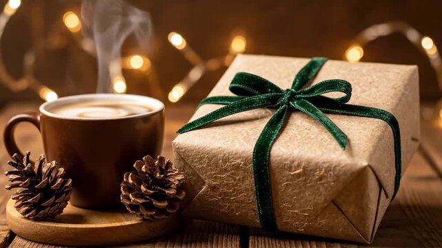 Cozy Christmas Gift with Coffee - A steaming cup of coffee sits beside a beautifully wrapped Christmas gift on a rustic wooden table.