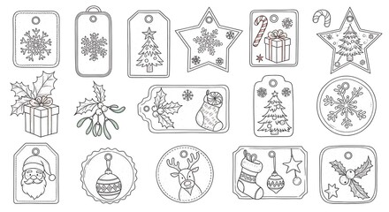 Collection of hand-drawn Christmas tags and labels with seasonal elements for holiday decoration