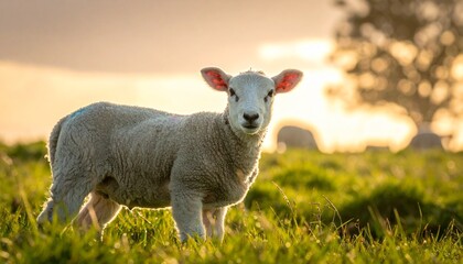 Obraz premium Young lamb in golden light—standing on grassy field at sunrise or sunset, facing camera with perked ears, woolly coat illuminated, blurred tree and rocks in serene rural background.