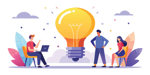 Business Team Brainstorming Concept. Vector illustration in flat style of a group of diverse people sitting at a desk and discussing an idea. 