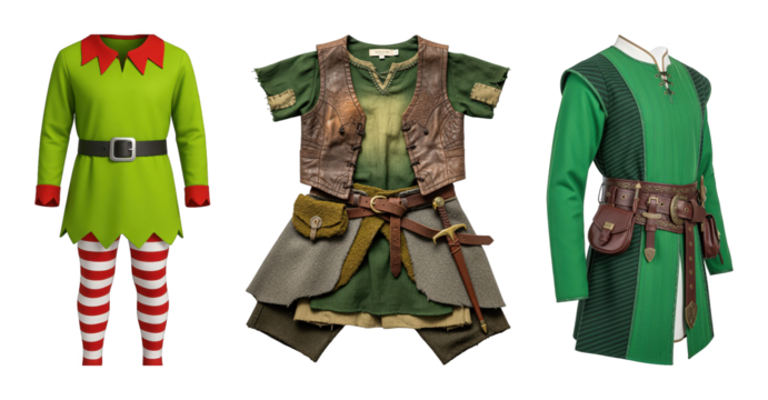 Fantasy costumes set including a Christmas elf, medieval ranger, and elven warrior outfits isolated. Cosplay and role-playing collection.