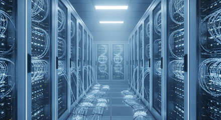 Modern Data Center Server Room with Glowing Blue Cables