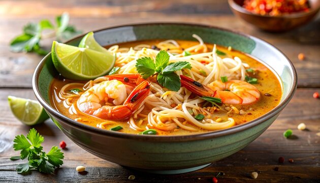 Laksa spicy noodle soup with shrimp and herbs in a bowl. Traditional asian cuisine on a wooden table.