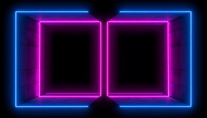 futuristic corridor with symmetrical neon-lit rectangular frames, vibrant blue and pink glow, colored smoke wisps, reflective floor, cyberpunk digital art style, immersive virtual environment, high-te