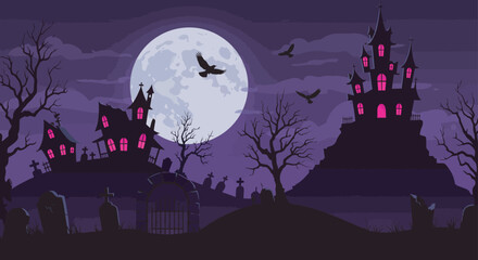 Halloween night scene with haunted houses, a full moon, flying crows, and a spooky graveyard.