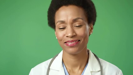 Professional African American female doctor with a warm, caring smile, ready to help patients