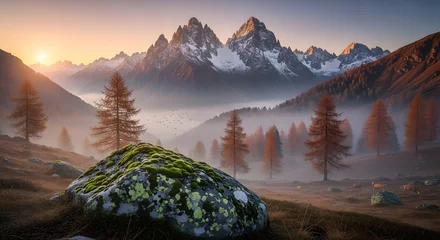 Foto auf Acrylglas Hotel Beautiful mountain landscape at sunrise with fog and trees nature photography scenery wallpaper hd view  © Silhouette_Studio