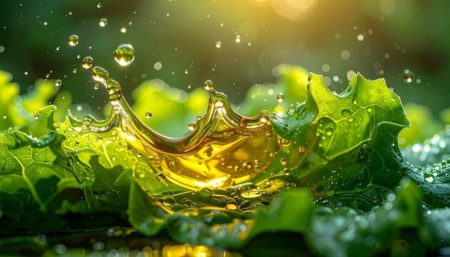 Oil splashing in a beautiful crown shape over fresh green salad leaves with morning dew.