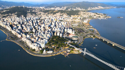 Panoramic aerial view of downtown Florianópolis, Santa Catarina, Brazil, with Praça da Luz,...