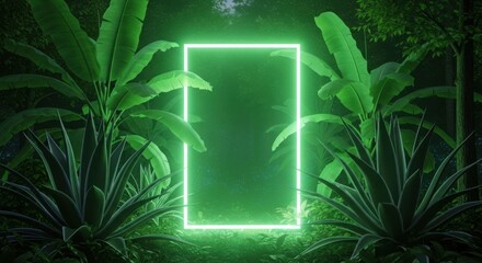 Glowing Neon Frame in Lush Green Tropical Jungle Atmosphere