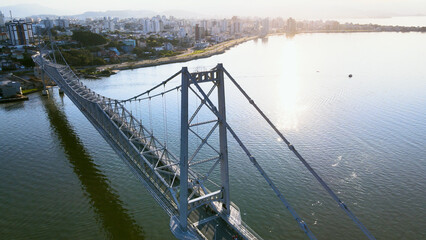 Panoramic aerial view of the Hercilio Luz Bridge and the central region of the capital city of...