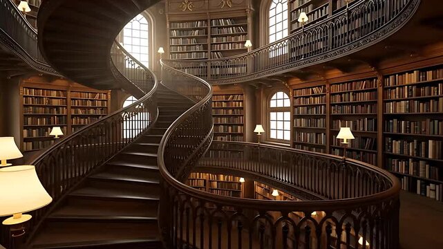 A grand, multi-level library featuring a magnificent spiral wooden staircase, surrounded by towering bookshelves filled with countless books, illuminated by warm light