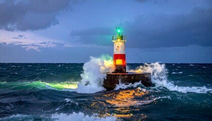 Obraz premium Stormy sea lighthouse—red and white striped tower on rocky platform, waves crashing dramatically, green and yellow lights glowing, dark cloudy sky at dusk, symbol of resilience and guidance.