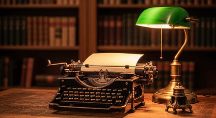 Vintage Typewriter and Lamp on Desk in Classic Library