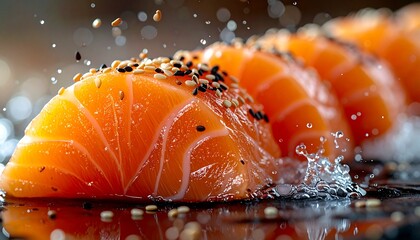 Salmon slices with sesame seeds in a dynamic water splash. Fresh raw fish for sushi or sashimi on a dark background.