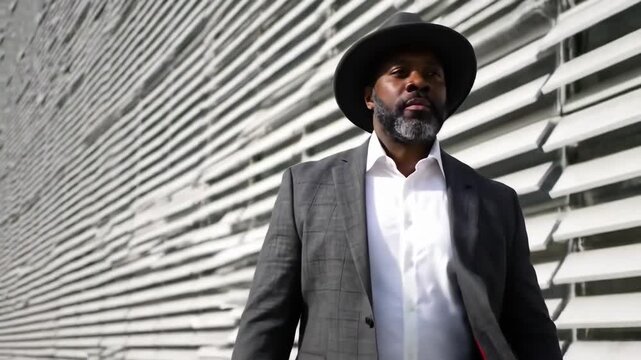 Man in suit, hat, city backdrop, pensive gaze, profile
