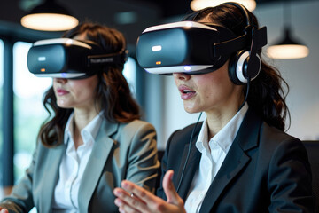 A futuristic office scene with two business professionals using virtual reality headsets to collaborate on a project.