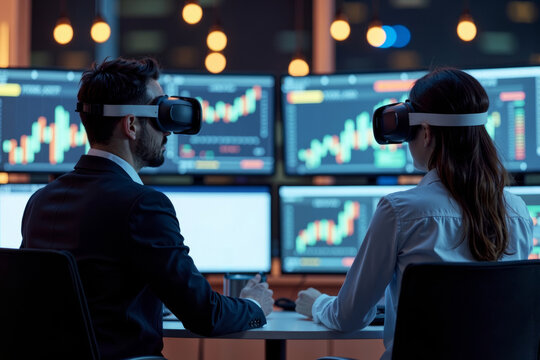 Businessmen and Businesswomen Utilizing VR Headsets to Analyze Data Across Multiple Screens