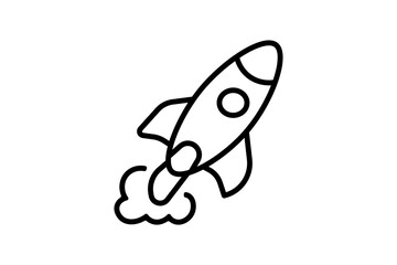 The image is depicted in a clean, minimalist style, with bold, unbroken lines forming the shape of a classic spaceship with a pointed nose, a window, and fins.