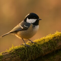Obraz premium Coal tit resting on a moss-covered log in soft evening light