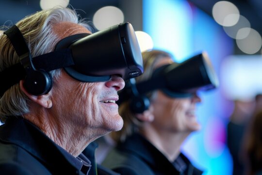 Mature couple immersed in virtual reality at a cutting-edge tech expo.