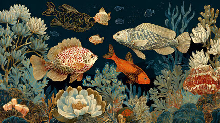 Vintage underwater illustration with retro fish and coral reef, decorative ocean-themed artwork