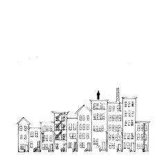 Cityscape sketch drawing of urban buildings and rooftop figure in black and white line art style design