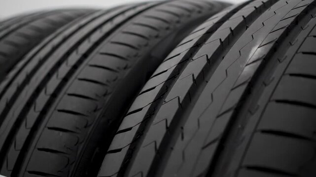 Close-up of New Car Tires - A detailed close-up shot showcases the tread pattern of several new car tires arranged in a row. The video emphasizes the texture and depth of the tire's grooves.