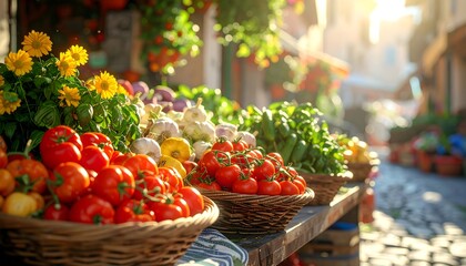 Close-up of colorful vegetables on outdoor market table, natural produce and farm-to-table inspiration.