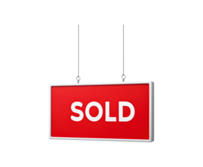 Red sold sign hanging indicating property sale completion on transparent background, PNG