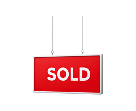 Red sold sign hanging indicating property sale completion on transparent background, PNG