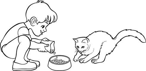 child feeding a cat vector illustration 